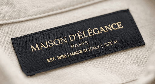 Premium woven garment labels with detailed branding.