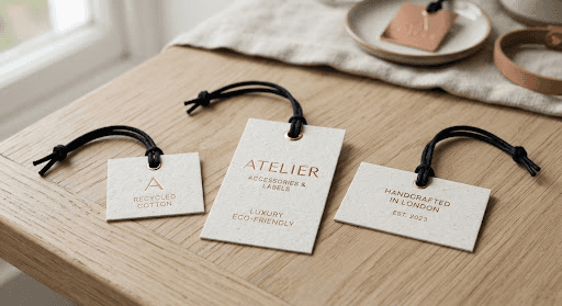 Premium embossed paper hang tags with metallic foil details.